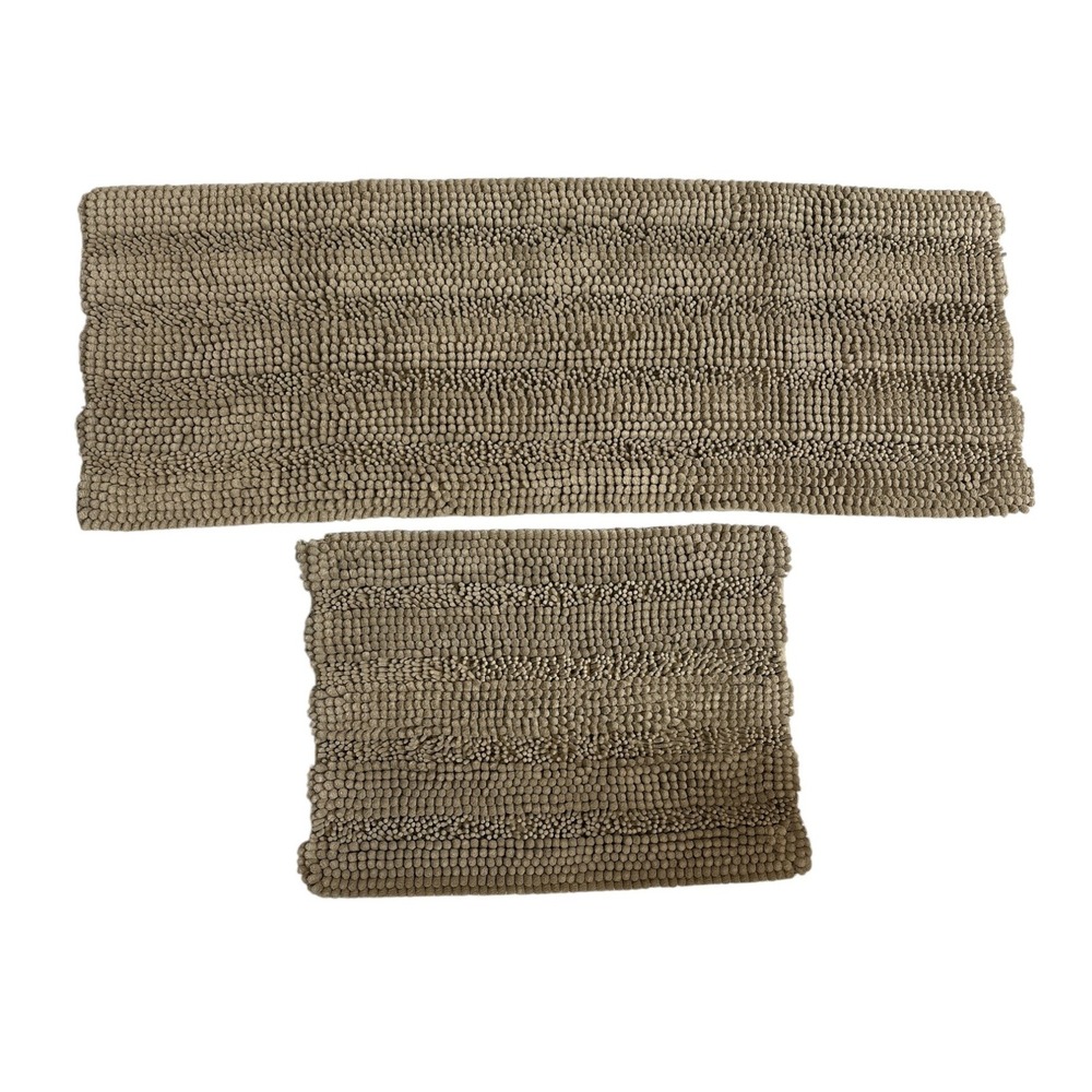 2 Piece Taupe Brown Shag Chenille Bath Mat Set Runner 47x17 & Small Rug 24x17